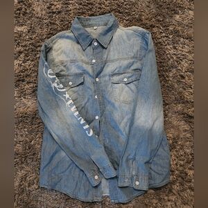 Denim Button-Up Shirt with White Graphic
